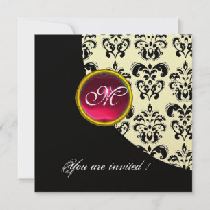 BLACK AND WHITE DAMASK MONOGRAM,red ruby,gold Invitation