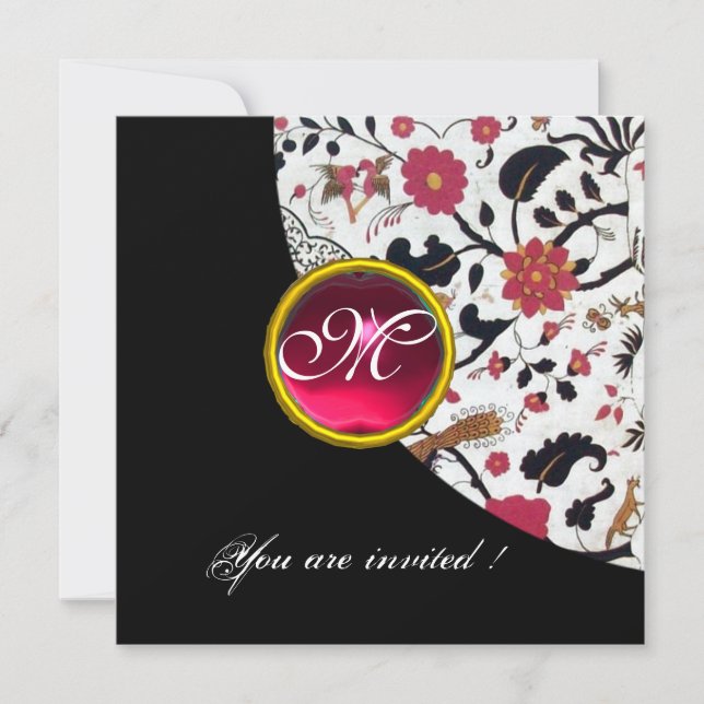 BLACK AND WHITE DAMASK MONOGRAM,red ruby, Invitation (Front)