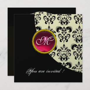 BLACK AND WHITE DAMASK MONOGRAM,red ruby,silver Invitation