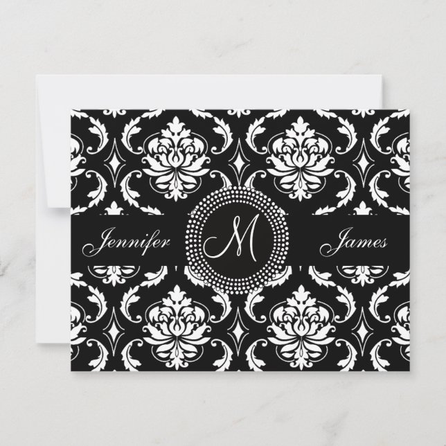 Black and White Damask Monogram Save the Date Card (Front)
