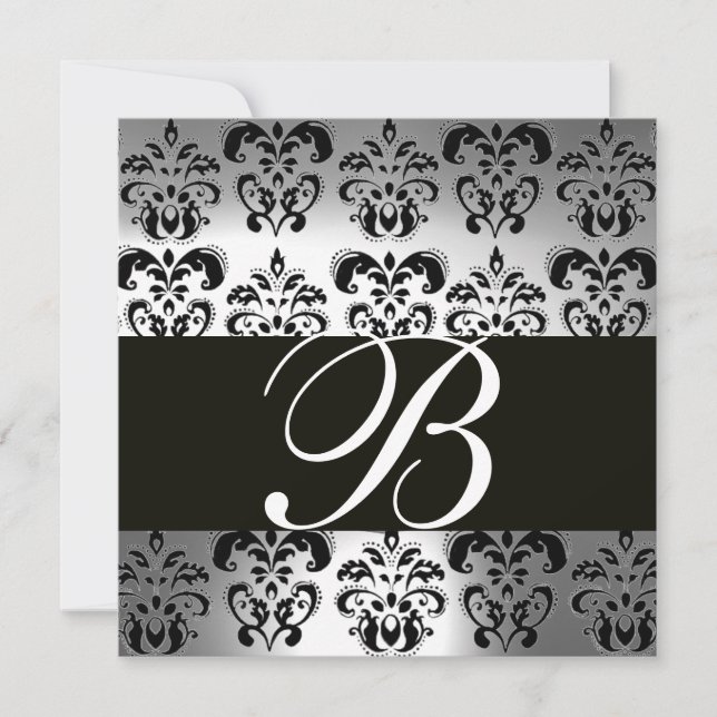 BLACK AND WHITE DAMASK MONOGRAM silver moonstone Invitation (Front)