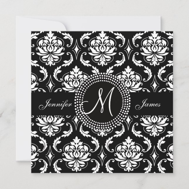 Black and White Damask Monogram Wedding Invitation (Front)