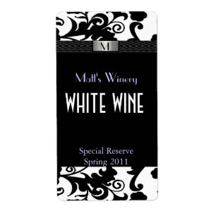 Black and White Damask Monogram Wedding Labels