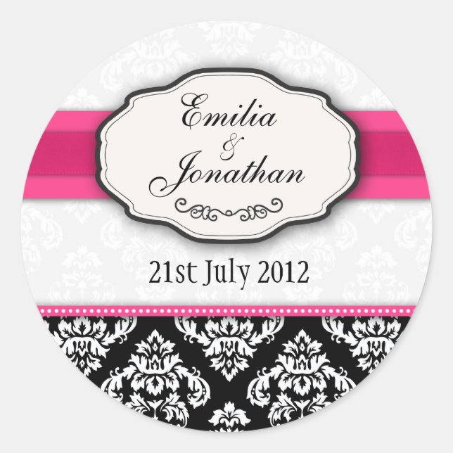 Black and White Damask Monogram Wedding Sticker (Front)