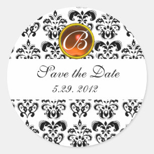 BLACK AND WHITE DAMASK MONOGRAM yellow agate Classic Round Sticker