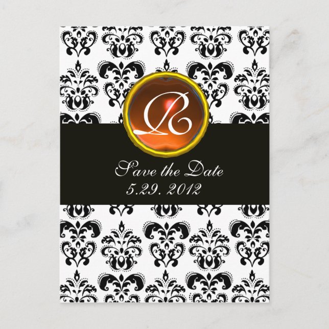 BLACK AND WHITE DAMASK Orange Agate Monogram Announcement Postcard (Front)