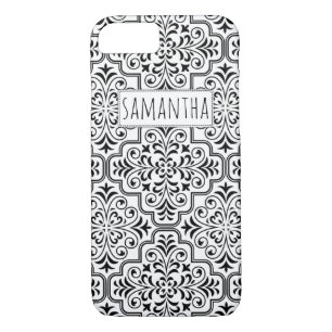 Black and white damask pattern and name Case-Mate iPhone case