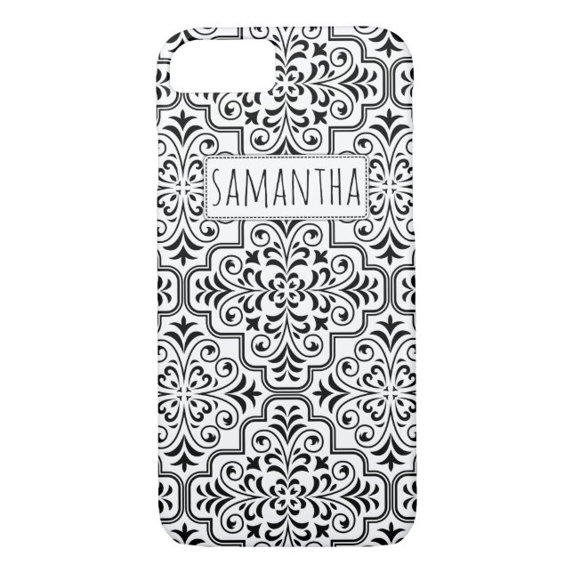 Black and white damask pattern and name Case-Mate iPhone case (Back)