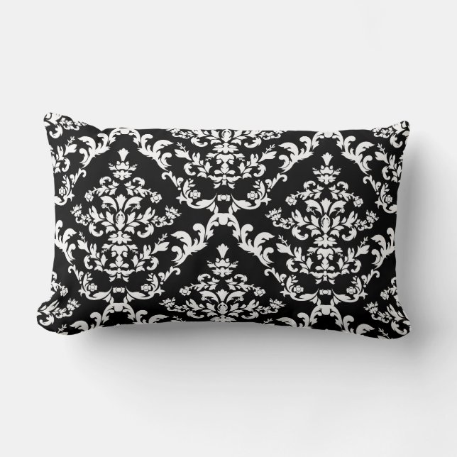 Black and White Damask Pattern Lumbar Pillow (Front)