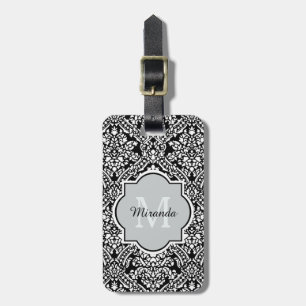 Black and White Damask Pattern Monogram and Name Luggage Tag