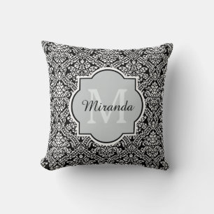 Black and White Damask Pattern Monogram and Name Throw Pillow