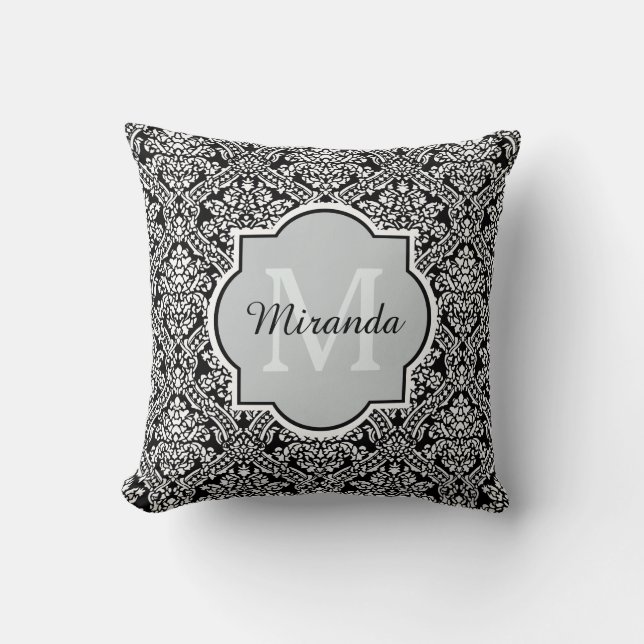 Black and White Damask Pattern Monogram and Name Throw Pillow (Front)