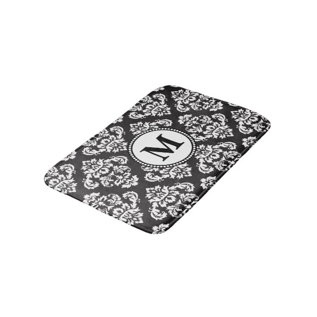 Black and White Damask Pattern Monogram Bath Mat (Angled)