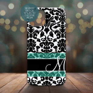 Black and White Damask Pattern with Monogram Case-Mate iPhone 14 Pro Case