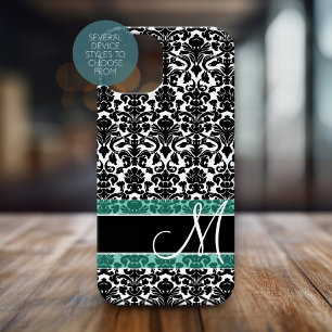Black and White Damask Pattern with Monogram iPhone 16 Case