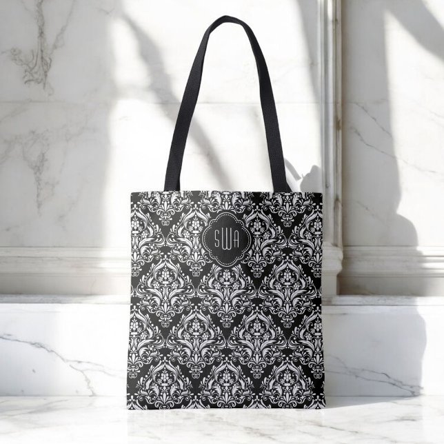 Black and White Damask Pattern with Monogram Tote Bag (Personalize this elegant tote with your monogram initials.)