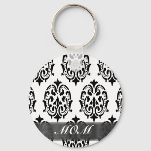 Black and white damask personalized mom keychain