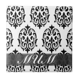 Black and white damask personalized mom tile