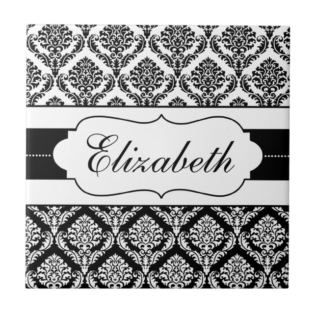 Black and White Damask Personalized tile (Front)
