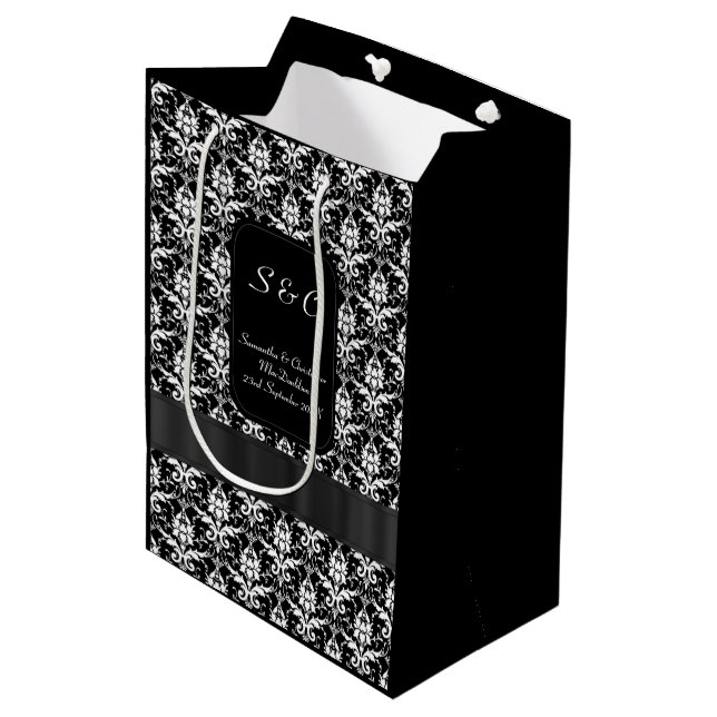 Black and white damask personalized wedding medium gift bag (Front Angled)