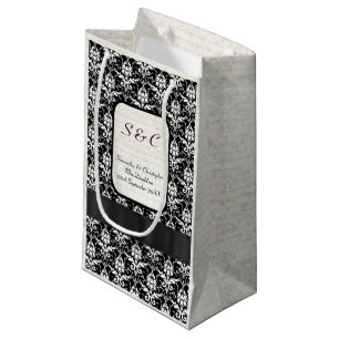 Black and white damask personalized wedding small gift bag