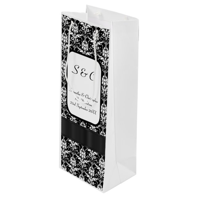 Black and white damask personalized wedding wine gift bag (Front Angled)