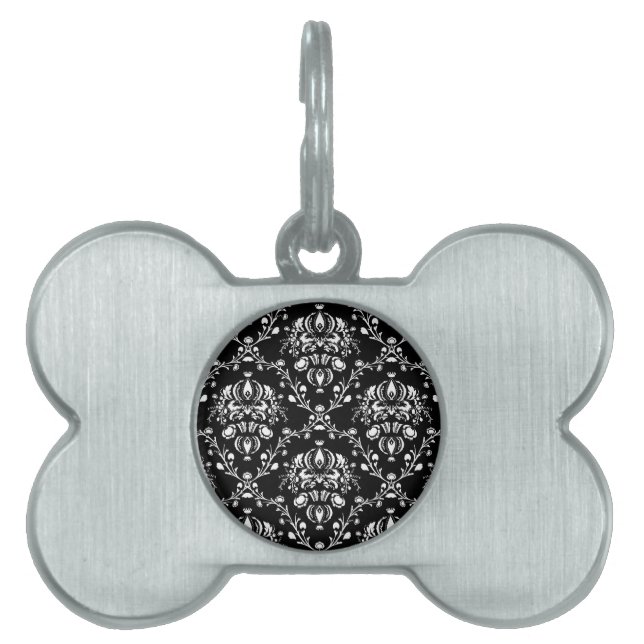 Black and White Damask Pet Name Tag (Front)