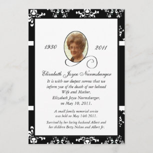 Black and White Damask Photo Death Announcement