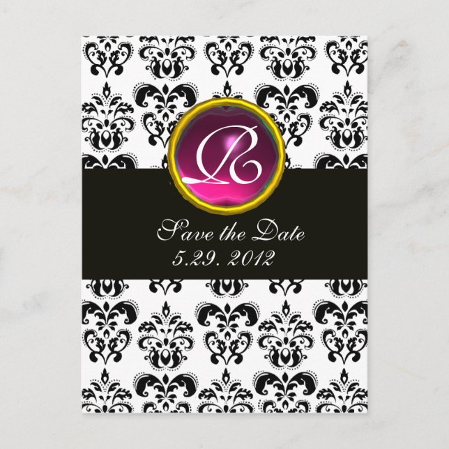 BLACK AND WHITE DAMASK Pink  Amethyst Monogram Announcement Postcard (Front)