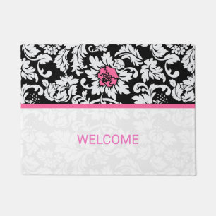 Black And White Damask Pink Stripe Doormat