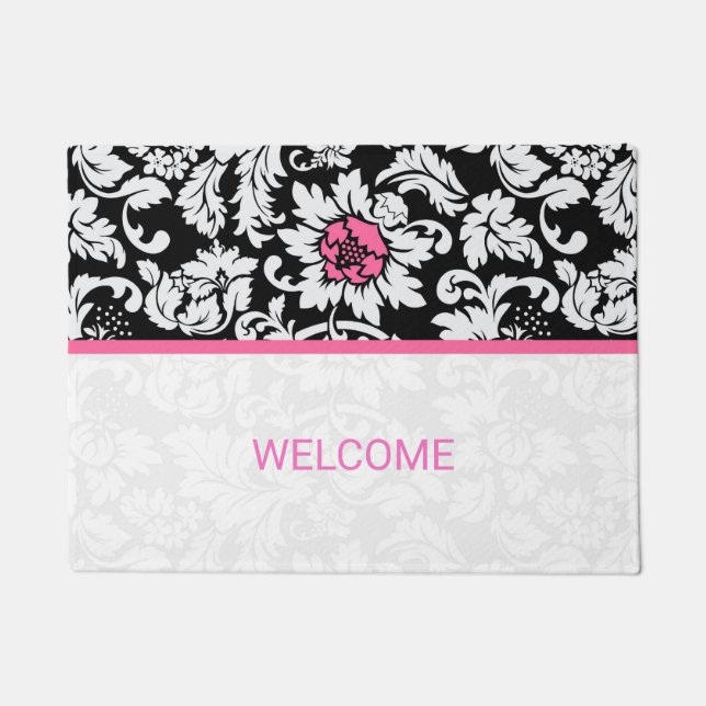 Black And White Damask Pink Stripe Doormat (Front)