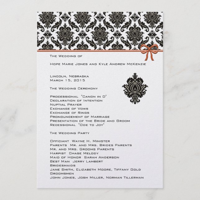Black and White  Damask  Pink Trim Wedding Program (Front)
