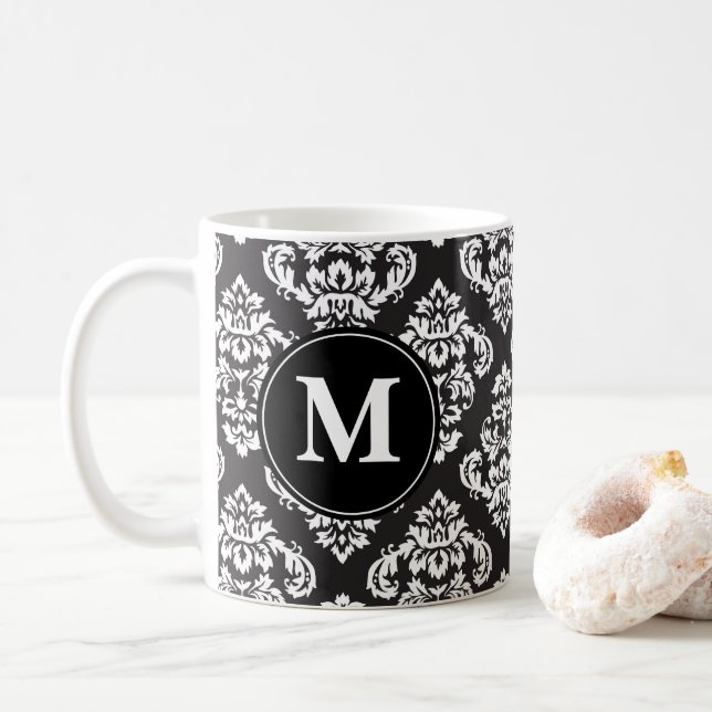 Black and White Damask Print Pattern Monogram Coffee Mug (With Donut)