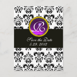 BLACK AND WHITE DAMASK Purple Amethyst Monogram Announcement Postcard