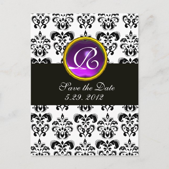BLACK AND WHITE DAMASK Purple Amethyst Monogram Announcement Postcard (Front)