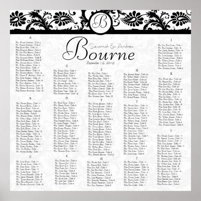 Black and White Damask Reception Seating Chart (Front)