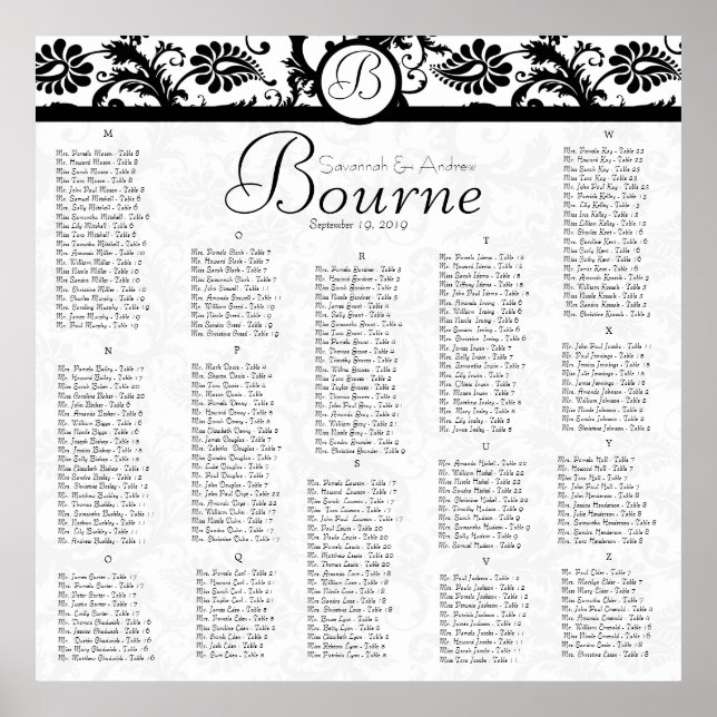Black and White Damask Reception Seating Chart (Front)