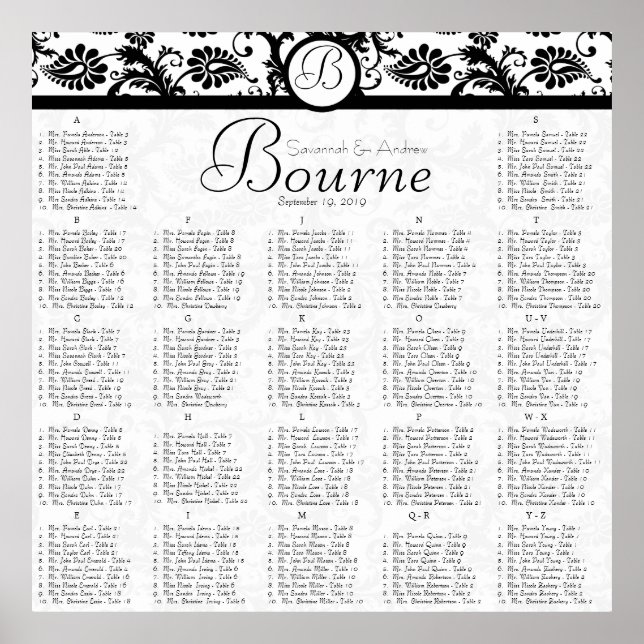 Black and White Damask Reception Seating Chart (Front)
