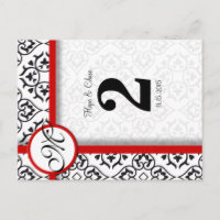 Black and White Damask Red Trim Table Number
