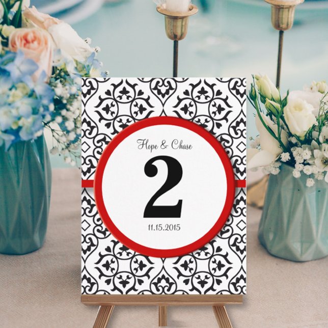 Black and White Damask Red Trim Table Number Postcard (Creator Uploaded)