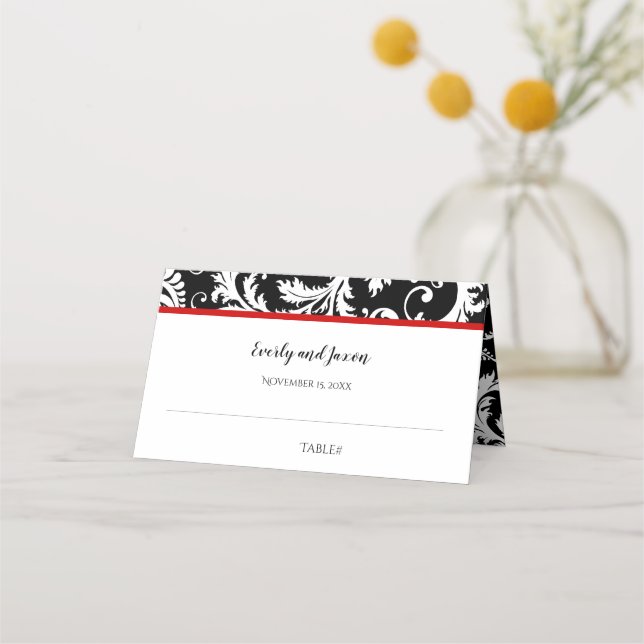 Black and White Damask Red Trim Wedding Place Card (Back)