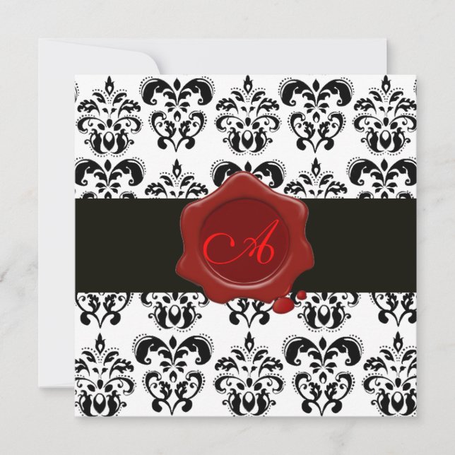BLACK AND WHITE DAMASK, RED WAX SEAL MONOGRAM, INVITATION (Front)