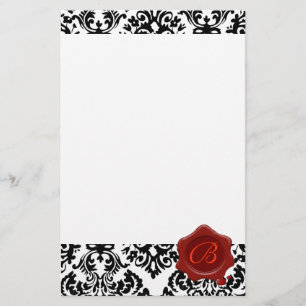 BLACK AND  WHITE DAMASK , RED WAX SEAL MONOGRAM STATIONERY