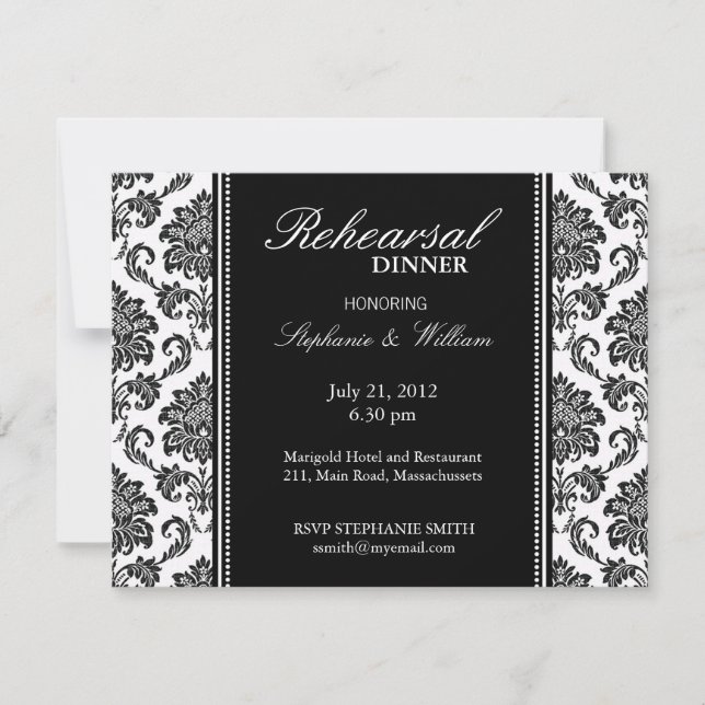 Black and White Damask Rehearsal Dinner Card (Front)