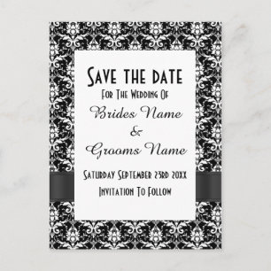 Black and white damask save the date announcement postcard