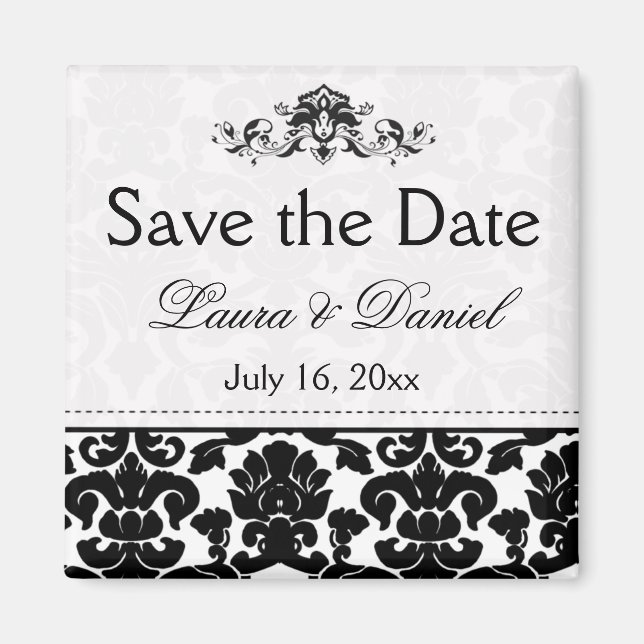 Black and White Damask Save the Date Magnet (Front)