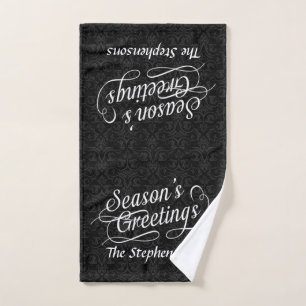 Black and White Damask Season's Greetings hand tow Hand Towel