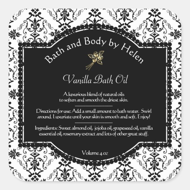 Black and White Damask Soap & Cosmetics Label (Front)