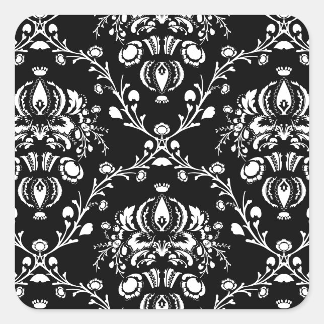 Black and White Damask Square Sticker (Front)