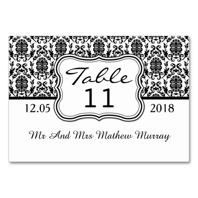 Black and white damask Table Number Place card (Front)